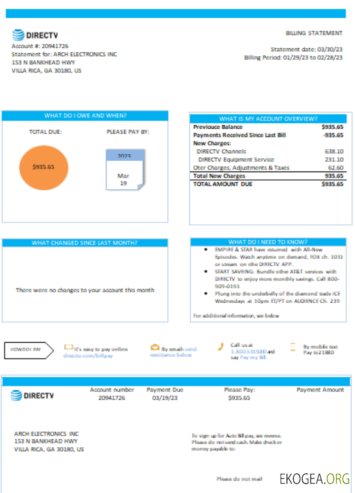 Facture commerciale de services publics de California Directv, SCR
